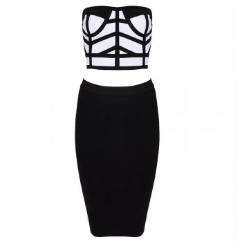 'Lena' two piece zwart / wit bandage jurk